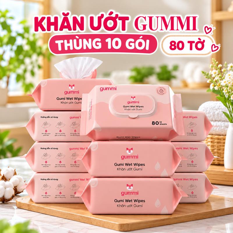Thùng 10 Gói Khăn Giấy Ướt Gummi 80 Tờ | Không Mùi, An Toàn Cho Trẻ Sơ Sinh, Mẹ Và Bé