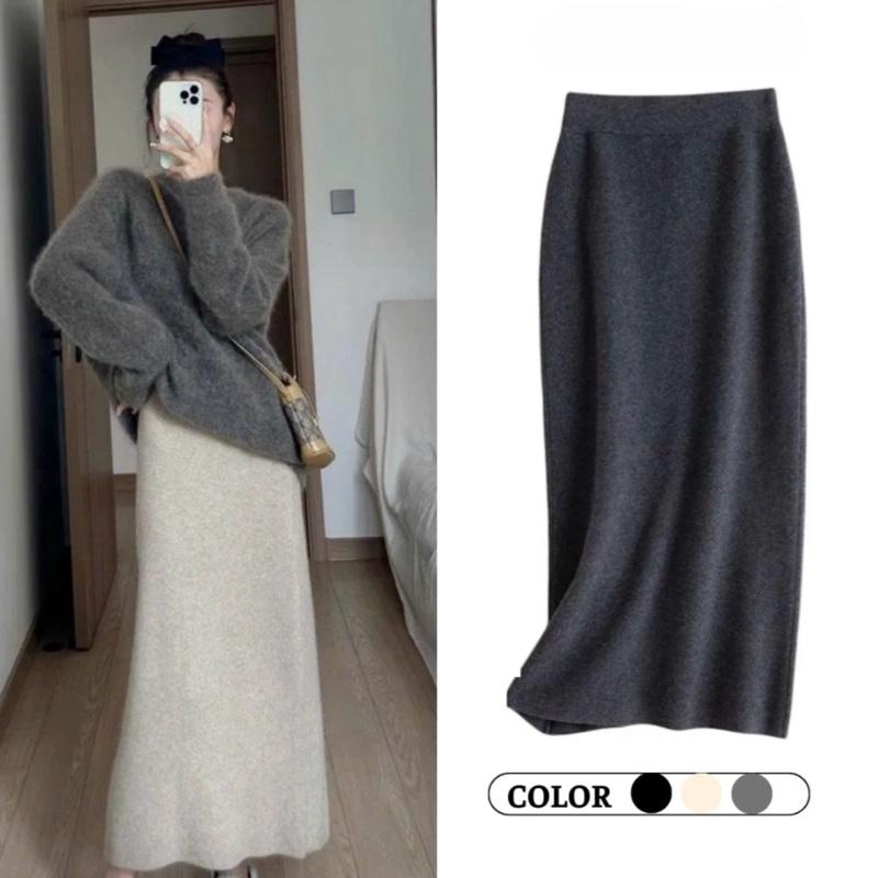    BST Chân Váy 2025   Chân váy Midi chữ A vải len lông thỏ dáng dài 85cm xẻ sau cạp chun Basic dễ mặc 