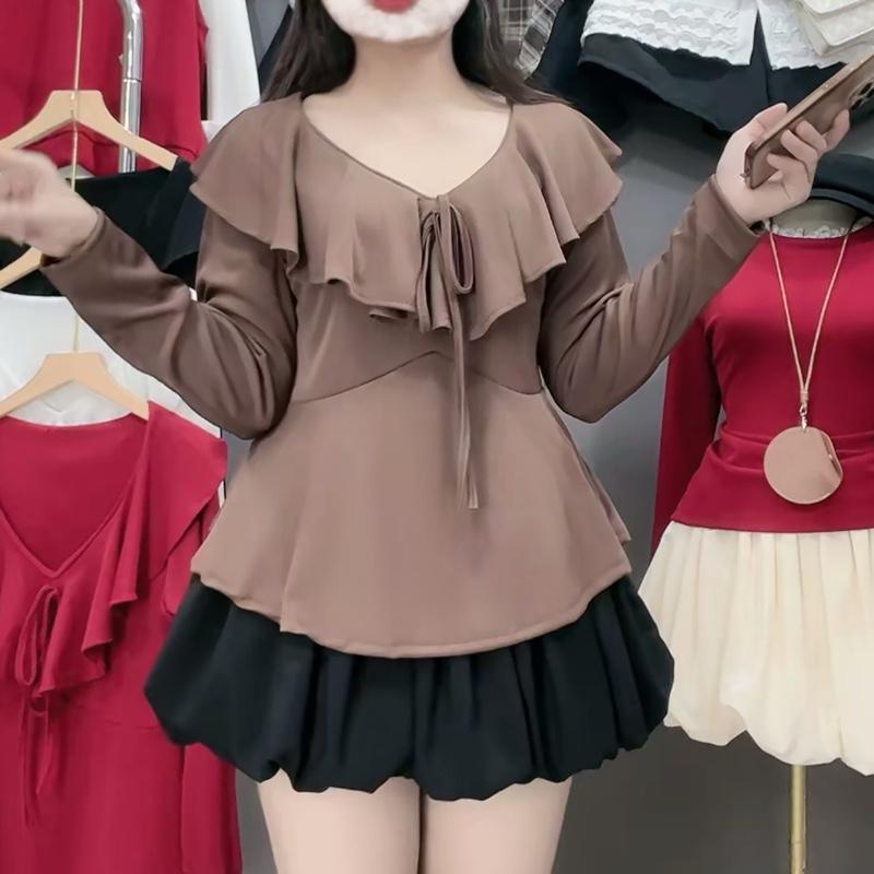 23 12 SÉT TẾT GIÁ LIVE Áo Bigsize Nữ Cổ Bèo Dáng Xòe Phong Cách Tiểu Thư Phối Chân Váy Bí Xòe Mềm Mát Thanh Lịch Cho Nàng Chubby A337+CV413