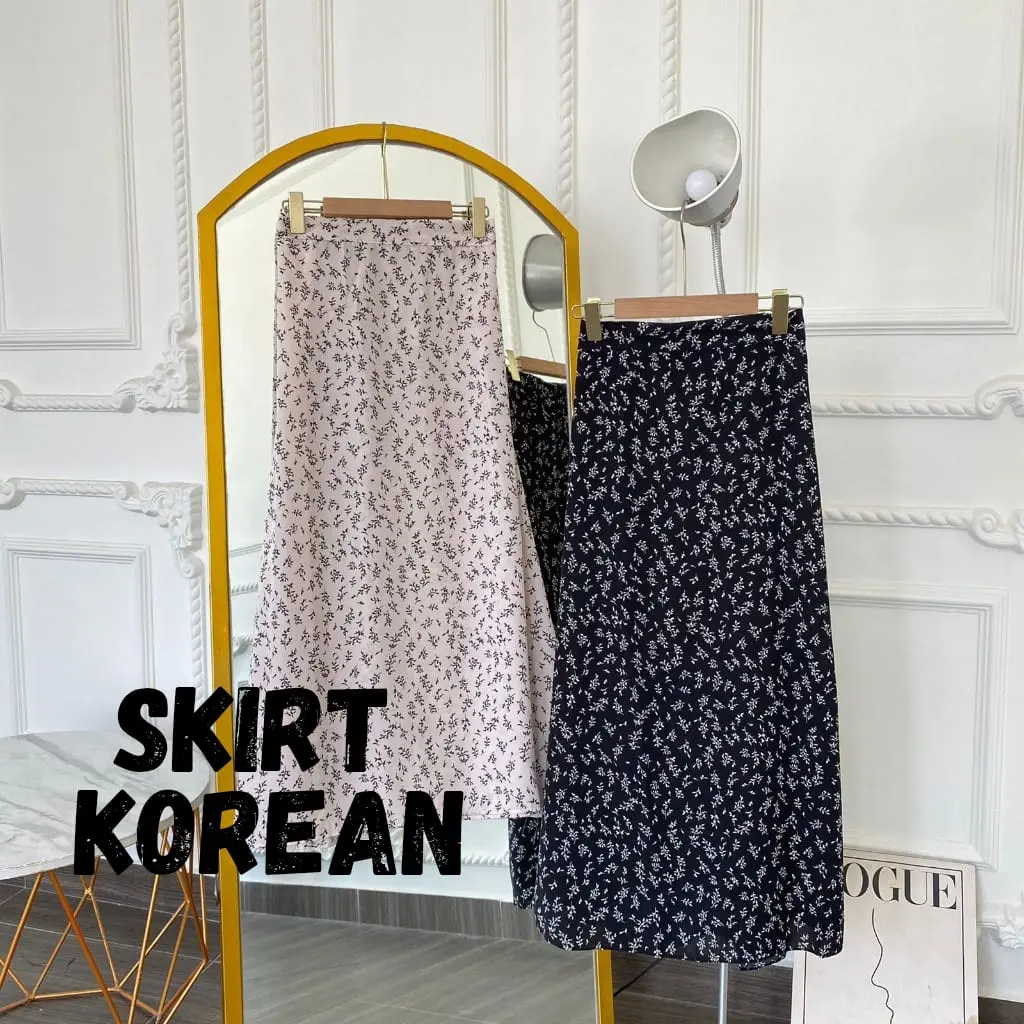 OKESTORE || Rok Motif Bunga Korea Sakura Pattern A. Line - Wanita Cantik Formal Navy Fit Panjang