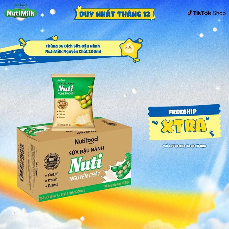  Thùng 36 Bịch Sữa Đậu Nành NutiMilk Nguyên Chất 200ml 