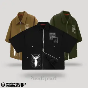 DTRT - Workshirt Double Zipper Boxy fit Kemeja Kerja Tangan Pendek Oversized Skena Pria Hitam spike Unisex - Half