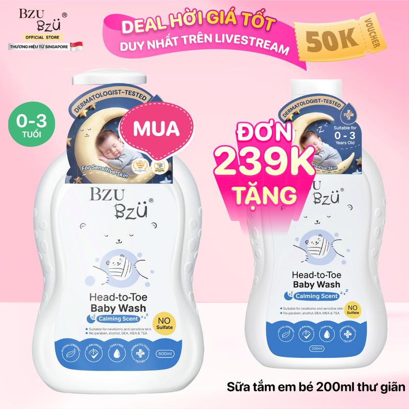   LIVE   Sữa Tắm Gội Toàn Thân Em Bé BZU BZU Baby Head to Toe Wash Làm Sạch Dịu Nhẹ 600ml Cho Bé 