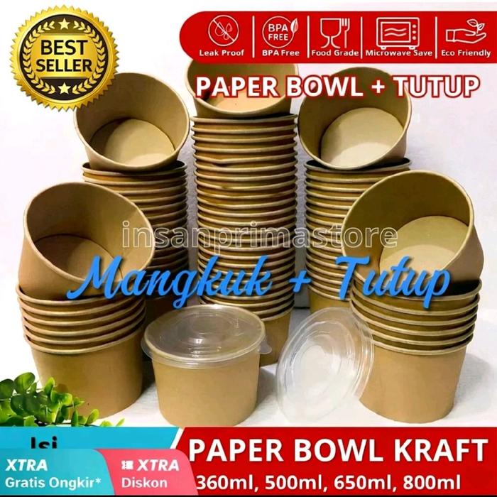 Promo [ ISI 25 PCS ] Paper Bowl Kraft Cokelat /Putih + Tutup All Size ...