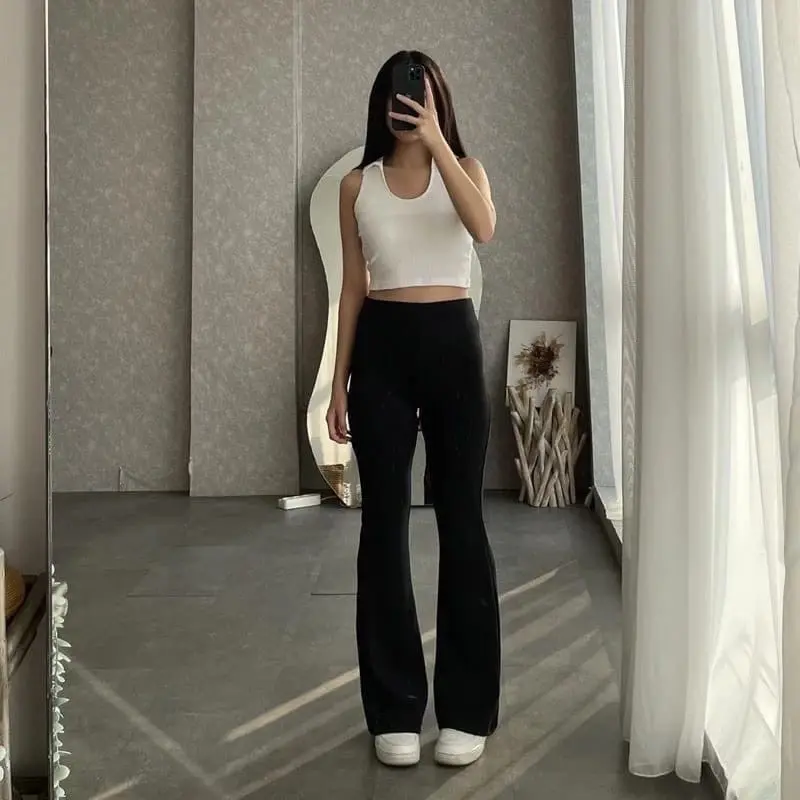 Flare Pants Highwaist Celana Wanita Semi Cutbray Kaki Karet Panjang Scuba 1