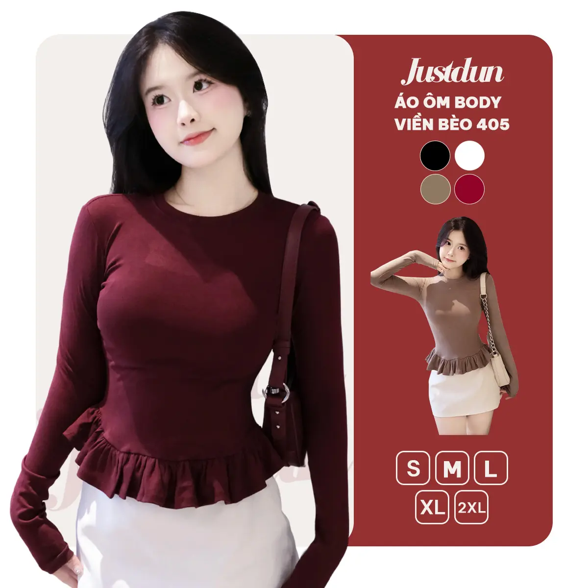 [DEAL XẢ KHO] Áo Thun Nữ Dài Tay Ôm Body JUSTDUN 405 - Phối Viền Bèo Xinh, Cotton Mịn Cao Cấp, Tôn Dáng - 1