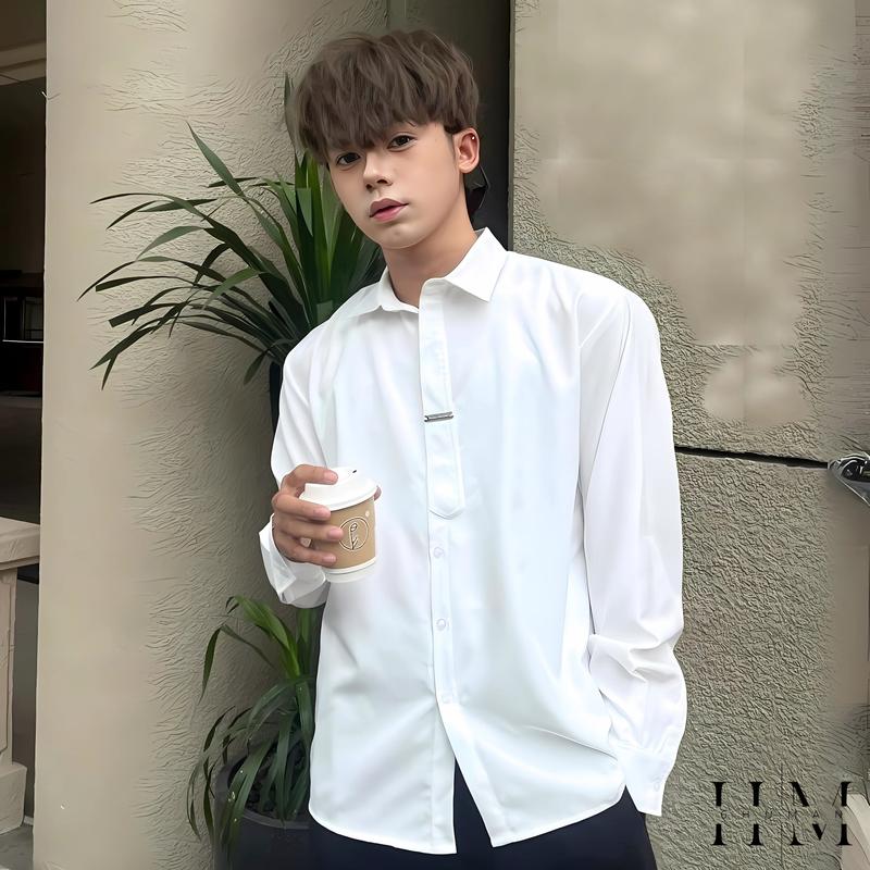 Áo sơ mi nam dài tay nẹp cà vạt đính tag kim loại chất cotton lạnh cao cấp SIXHUMAN HMA028 Menswear trắng đen