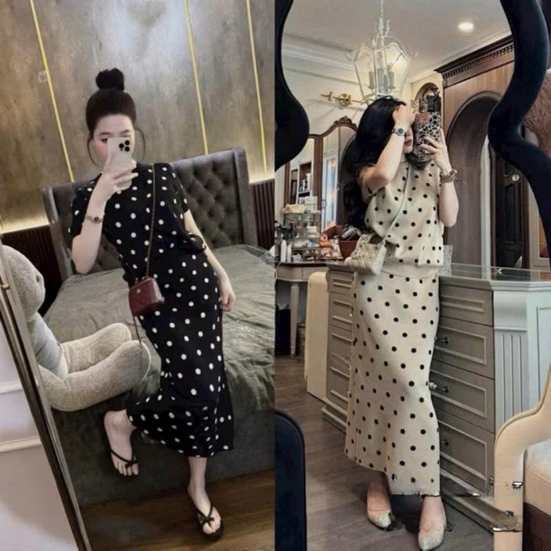 Set Váy Len Tăm Chấm Bi Tay cộc Phối Chân Váy Midi Dài Túi Hông 2 Màu Mùa Thu Đông by Hp
