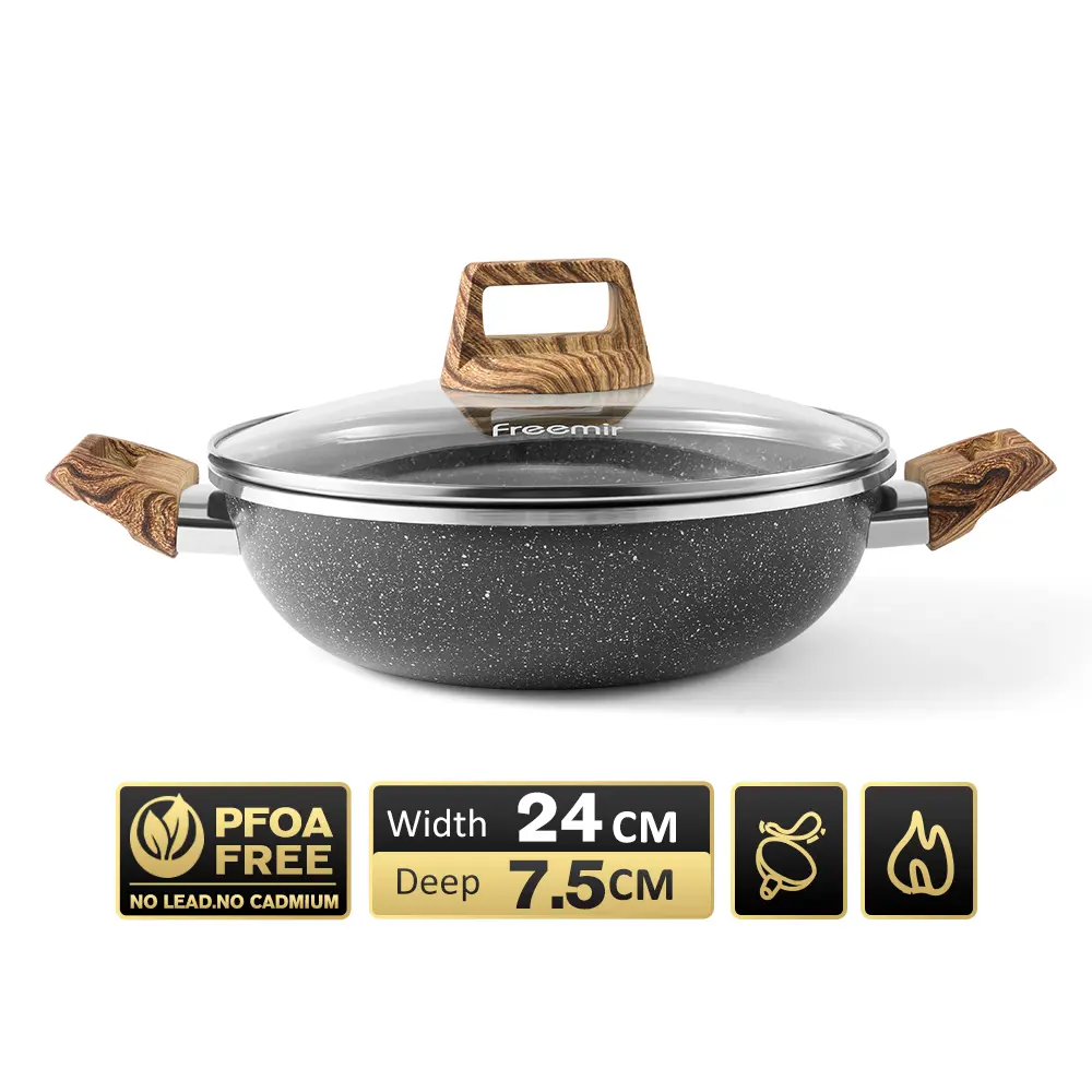 [MEGA SALE] freemir Wajan Hitam Panci Wajan Anti Lengket 24cm Tutup Kaca Batu Granit Gagang Kayu Kuping Kitchenware Alat Masak Lebaran 2025
