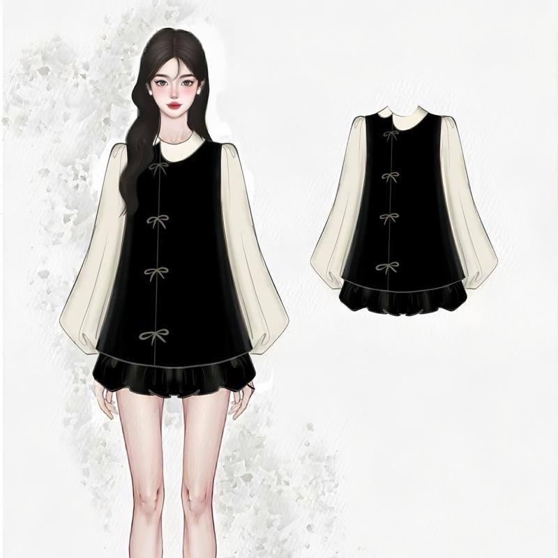 Set bộ áo váy thường mặc tay bồng đính nơ tiểu thư phong cách Hàn Quốc kèm chân váy bí chất liệu tuyết nhung có quần bảo hộ Dilyshop - S130