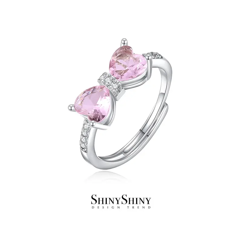 ShinyShiny-Cincin busur lucu Cincin hati pink dengan zirkonia berbentuk pita untuk wanita, desain unik dan imut, cincin dengan kesan mewah dan anggun, cocok untuk jari telunjuk, desain terbaru. 0