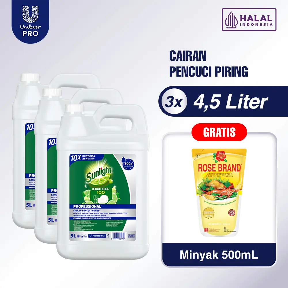 [FREE Minyak 500ml] Sunlight Professional Sabun Cuci Piring Jeruk Nipis Lime 4.5L Multipack Isi 3