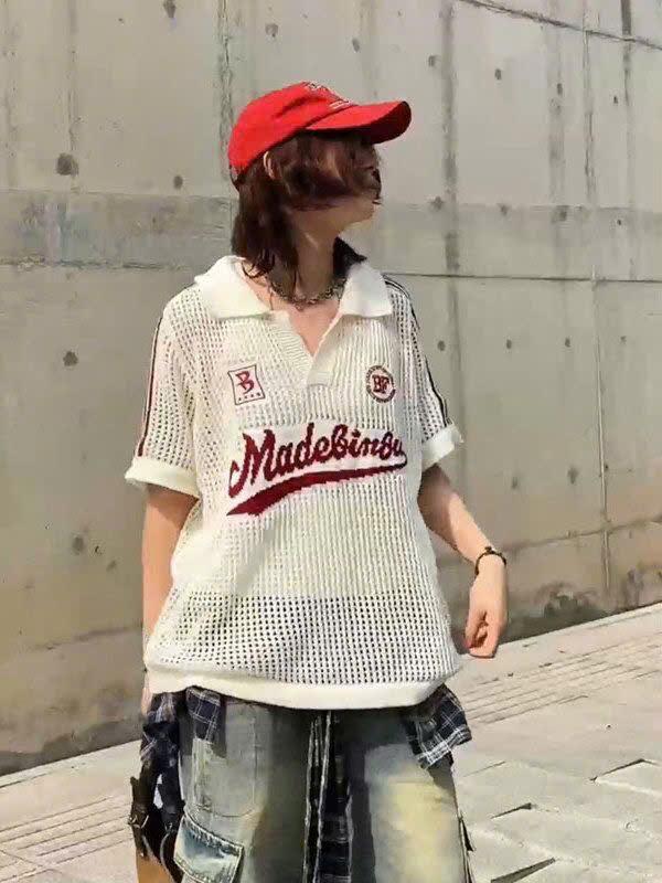 Áo Polo, Áo Cổ Bẻ Lưới Đan Dệt Kim Dáng Rộng Phối Chữ In Tay Kẻ Sọc Năng Động Trẻ Trung Dáng Thể Thao Thoáng Khí Oversize Cá Tính Unisex Hàng Qccc Camcloset