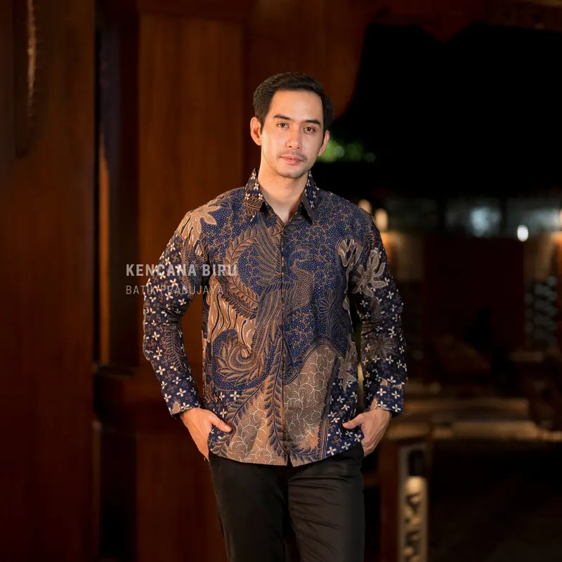 KENCANA BIRU Kemeja Batik Pria Modern Lengan Panjang Lapis Furing Halus Katun 2