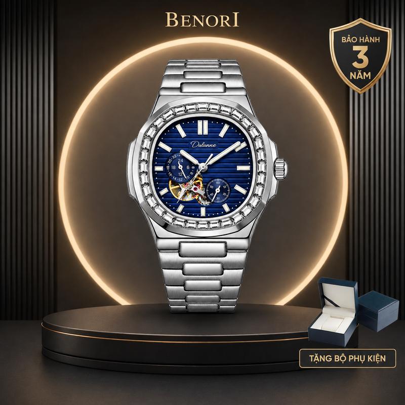 [ĐỘC QUYỀN LIVE BENORI] - DH50 Đồng hồ nam đeo tay chính hãng automatic tự động Dulunwe 6043 thiết kế PT nautilus viền đính đá, kính chống trầy, size 40mm