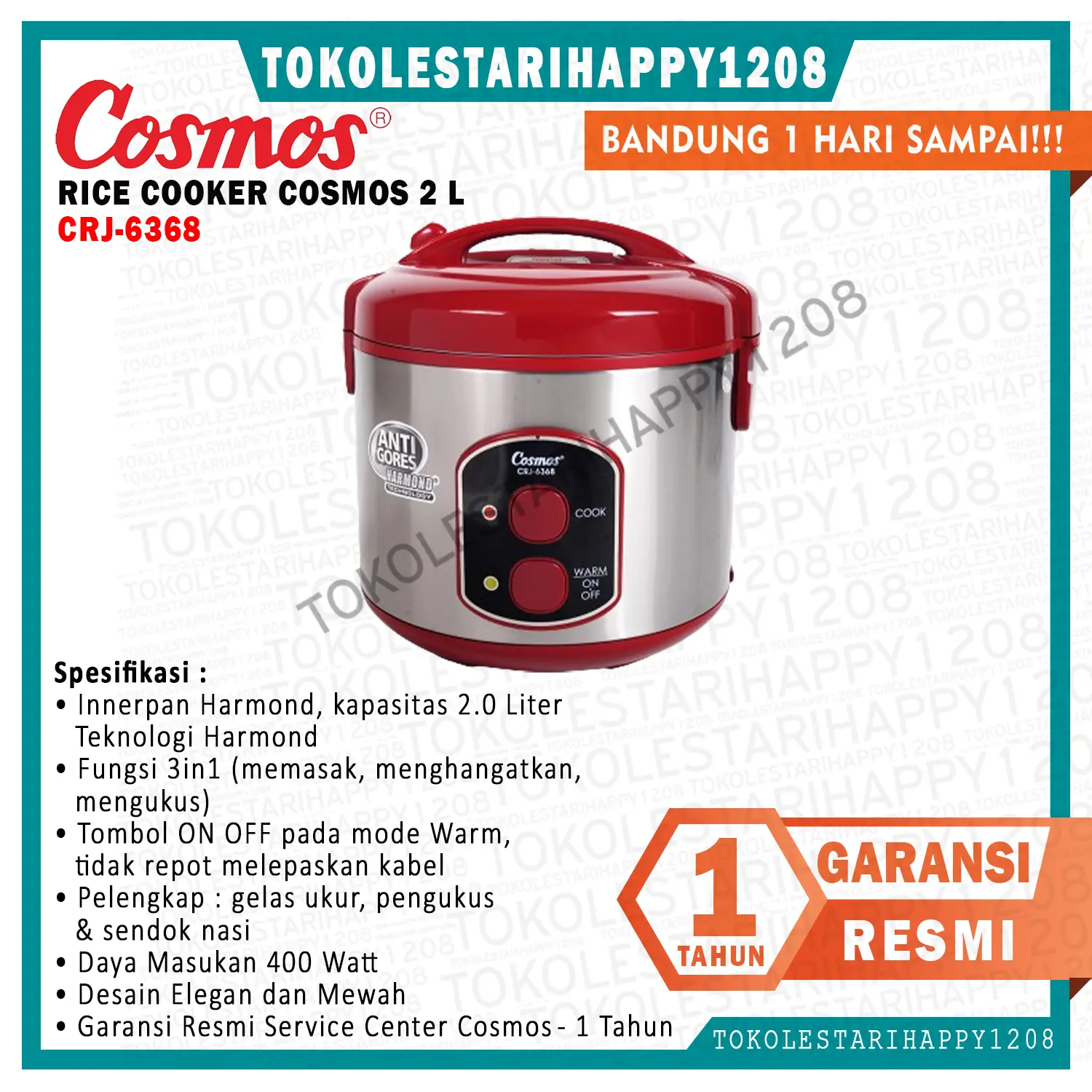 Rice cooker Cosmos Anti Gores Harmond 2 Liter CRJ-6368 Garansi Resmi