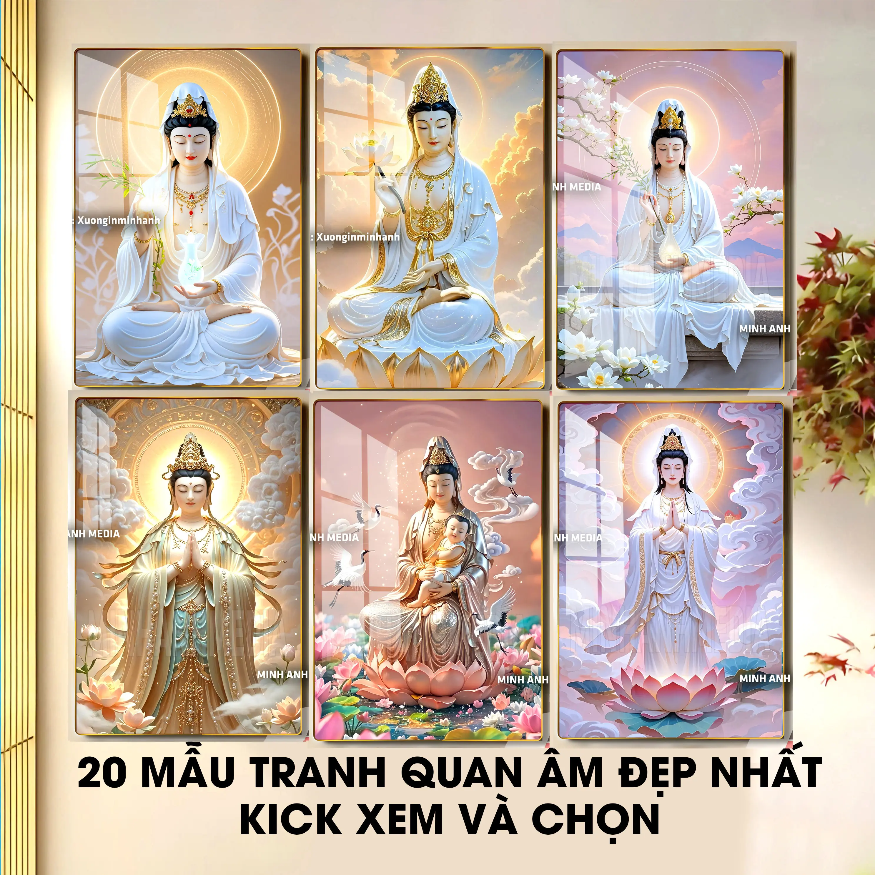 [BST QUAN ÂM BỒ TÁT] - Tranh gỗ tráng gương dày 13mm - Bo viền vàng cao cấp - Treo tường phòng thờ, mang lại may mắn bình an hạnh phúc Decor Phòng - MINHANH MEDIA