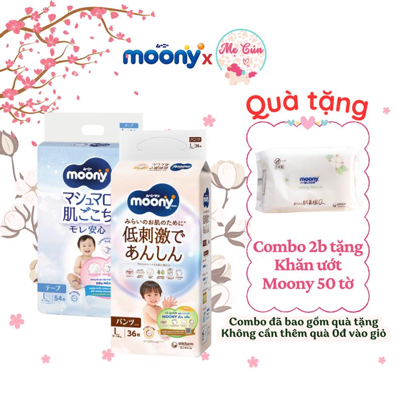 Tặng Khăn ướt Moony 50t Bộ 2 bịch Tã quần dán Moony Xanh Moony Natural Bông Hữu cơ Cao Cấp NB62 S58 M46 L38 XL32 Bỉm Quần