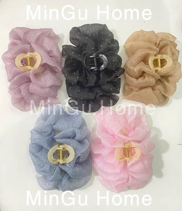  Set 5 Kẹp Tóc Bong Bóng Lưới Nơ Voan Đính Kim Sa Sang Xinh Quý Phái 