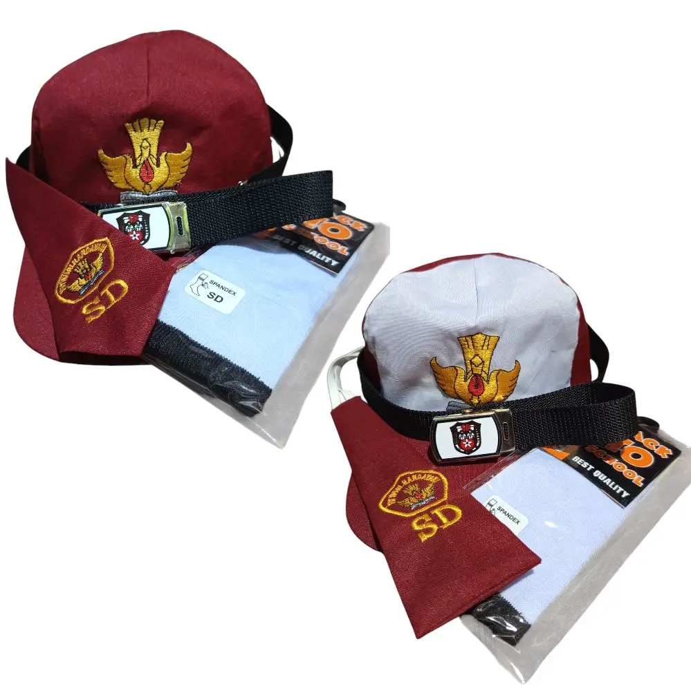 Topi Sekolah SD Merah Putih & Merah Polos dengan Dasi Pendek Sabuk Besar Kecil dan Kaos Kaki Set Lengkap untuk Siswa SD
