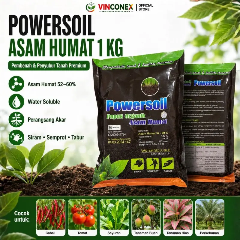 POWERSOIL Asam Humat 1kg Original Pupuk Organik Humic Acid Pembenah & Penyubur Tanah, Perangsang Akar Tanaman