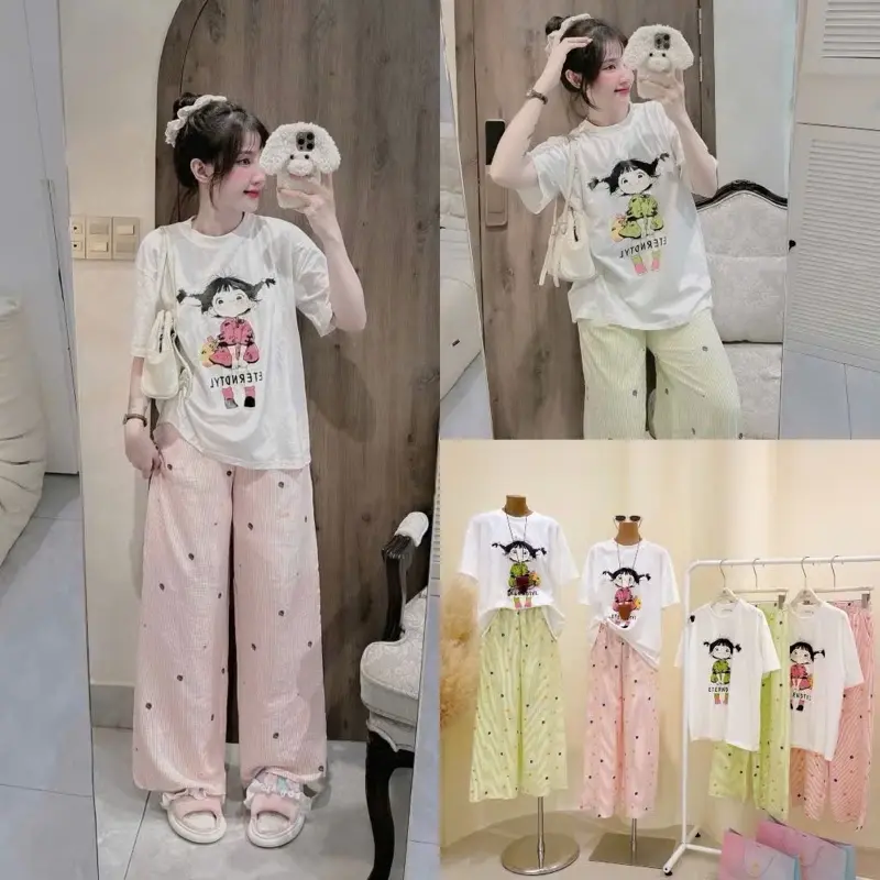 Set bộ mặc nhà áo thun in hình cute mix quần suông lụa đũi