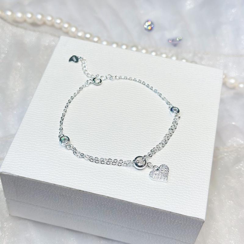 [ Hoàng Phát ] Phụ Kiện Lắc Tay Bạc Ý 925 Chữ Cong 2 Len Hột Tròn Tòn Ten Trái Tim Chạm Tấm (LT030) KHÔNG XI KIM