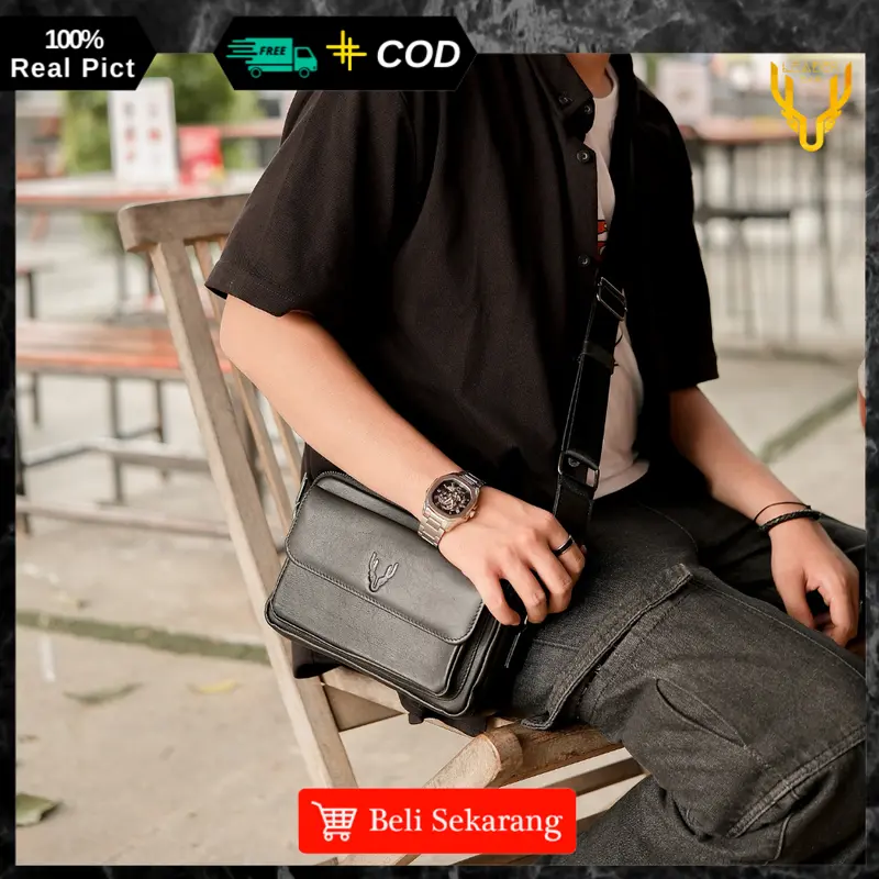 Tas Selempang Pria Kulit Sapi Asli Leaderbag Terbaru Hitam Waterproof Handbag Cowok Keren Branded Premium Multifungsi Clutchbag Slingbag 3
