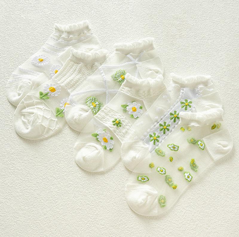 Product Introduction of Tất Lụa Pha Lê Mùa Hè, 5 Đôi, Siêu Mỏng, Trong Suốt, Tất Ngắn Ren Cho Bé Gái, Thời Trang, Hoa Cúc Tươi, Tất Thuyền Vô Hình 17
