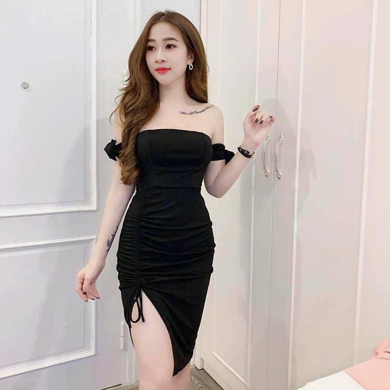 Đầm Body Dự Tiệc 2 Dây Lệch Vai Xẻ Tà Quyến Rũ - Chất Thun Cotton Mềm Mịn, Co Giãn Tốt - Đen Trắng Vàng 1