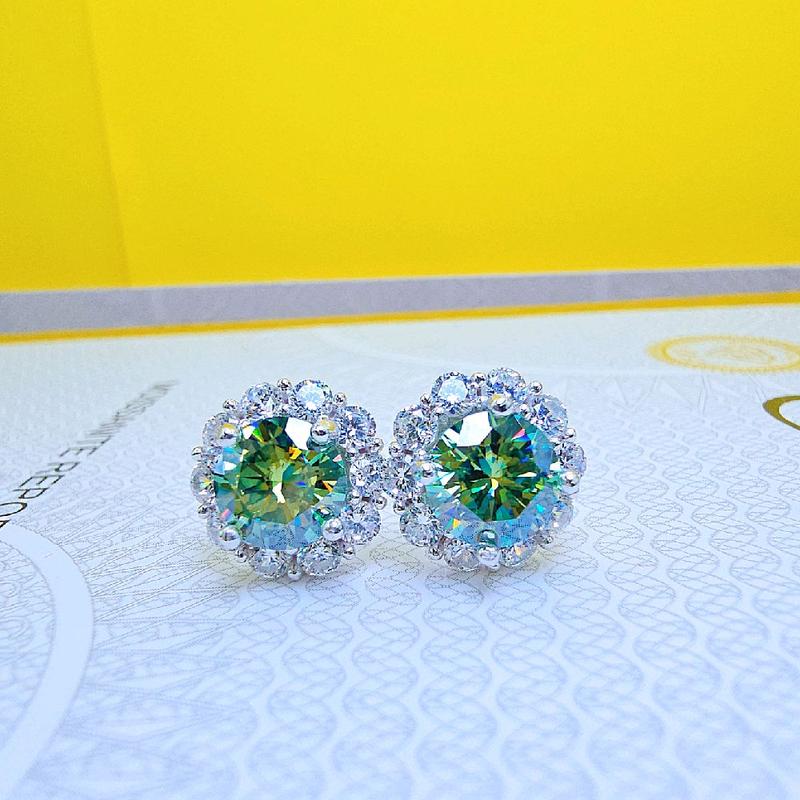  B029 - Bông tai nữ hoa tròn   đá chủ  MOISSANITE XANH LÁ 7MM . Chất liệu bạc ý xi bạch kim 