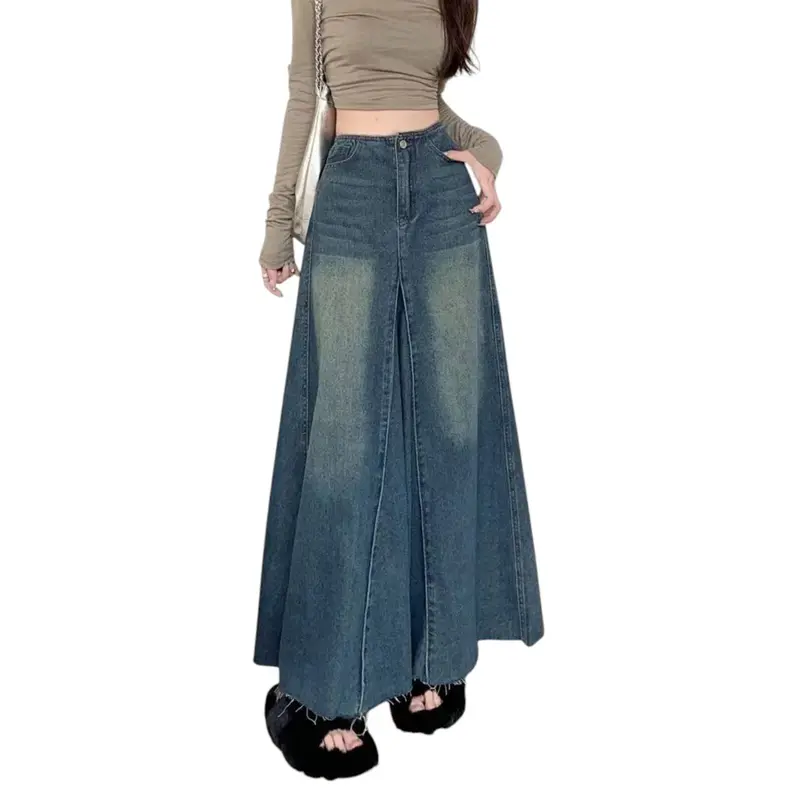 Pg Jeans - Rok Denim Vintage Retro Wanita Rok Jeans Panjang High Waist A-Line Cewek Bahan Tebal Tahan Lama Kancing Depan & Karet Belakang Variasi Rampel di Depan 3