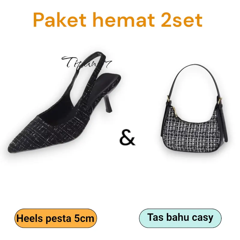 Paket Hemat 2 Set Higheels Pesta & Tas Wanita Bahu Cassy - Shoes Hitam Putih Sandal 0
