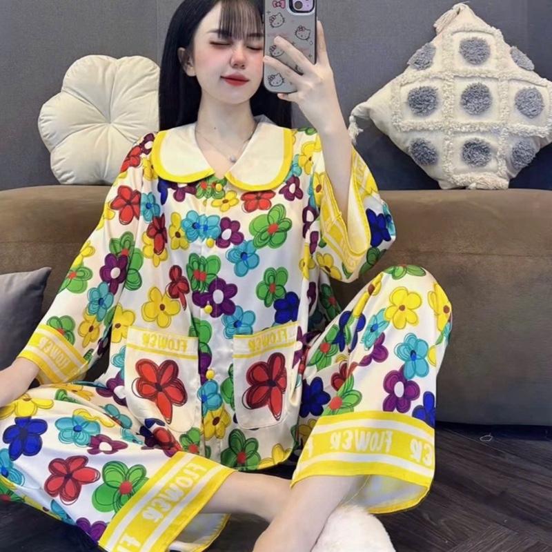 [ Size 60-80kg]Bộ Phom Rơi Tay Lỡ Co Túi Áo Nút Bọc Dành Cho Nữ Quần Dài Vải Lụa Latin