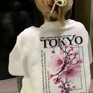 婦人用半袖Tシャツ、高級トレンド東京英字プリントラウンドネック、ゆったり、純綿カジュアルトップス、ラウンドネック、ショルダーベルト、ゆったりシルエット、通気性、肩落ちデザインプリントTシャツ夏のゆったりタイプ