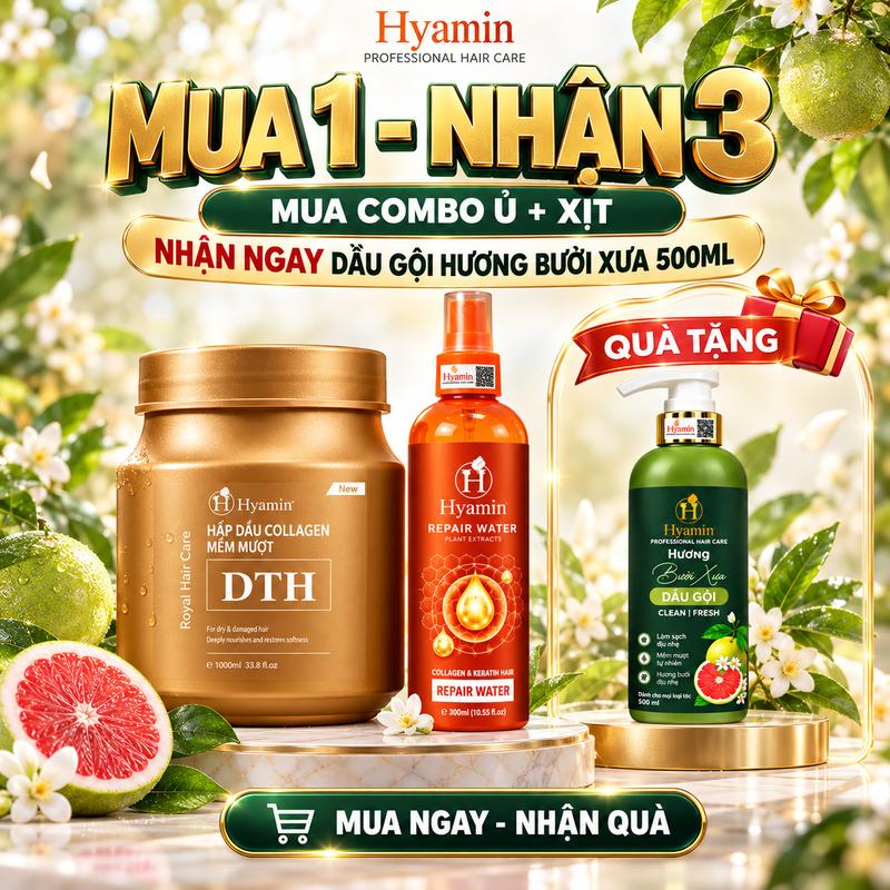 Combo Hyamin hấp dầu Collagen DTH 1000ml xịt đạm phục hồi khô xơ 300ml