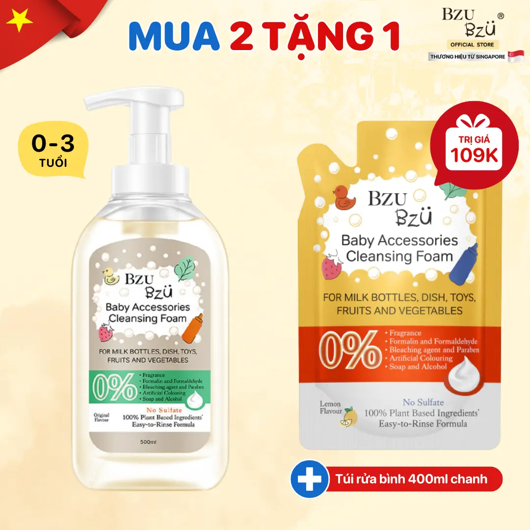Nước Rửa Bình Sữa Và Đồ Dùng Em Bé BZU BZU Baby Accessories Cleansing Foam Chai 500ml Hương Tự Nhiên