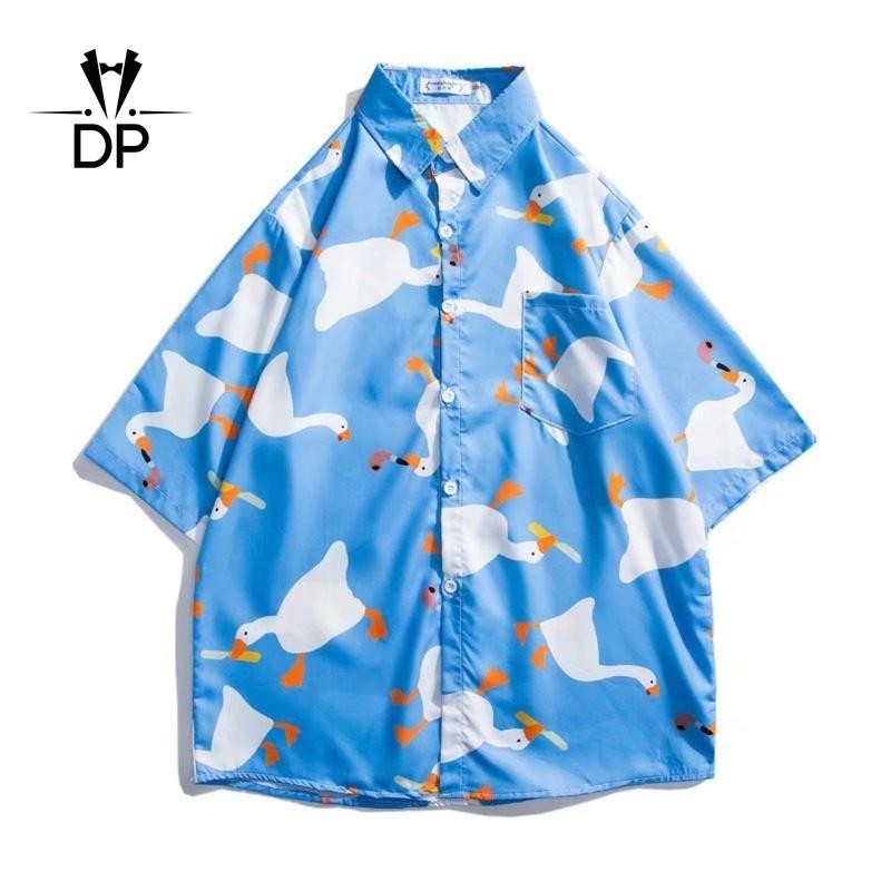 Product Introduction of Men Duck Print Short Sleeved Shirt Korean Version Of Fashionable  Unisex Harajuku Style Simple Top Loose Half Sleeved Shirt Men Large Size Shirt Tide Clothes 21