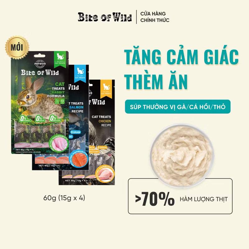 SÚP THƯỞNG CHO MÈO Súp thưởng cho mèo Bite Of Wild Gói 60G vị Thỏ Cá hồi Gà không Gelatin không ngũ cốc không tinh bột tốt cho sức khỏe của mèo