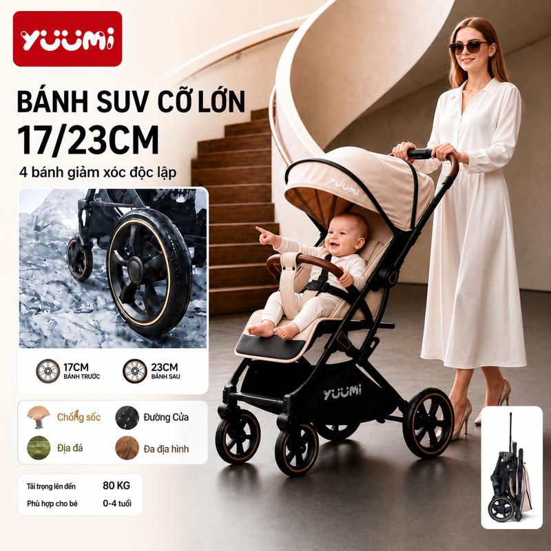 YUUMI T850 Pro Xe Đẩy Em Bé 2 Chiều Cao Cấp | Bánh Xe Lớn Giảm Xóc | Ghế Siêu Rộng | Gấp Gọn Cabin | Cho Bé Sơ Sinh 0-4 Tuổi