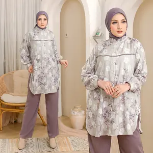 Amelia Set Celana Tunik One Set Tunik (Muat Fit LD 120cm) 842 - Bahan Lumi Emboss dan Marbella, Wudhu Busui Ibu Menyusui Busuy Friendly Kancing Depan, Baju Santai Casual Nyaman Wanita Muslim, Lengan Panjang Karet Celana Panjang Anti Kusut