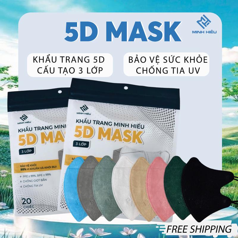  Combo 200 - 100 cái Khẩu Trang 5D Minh Hiếu   Túi 20 Chiếc   - 3 Lớp Kháng Khuẩn Chống Bụi Mịn Quai Chun Mềm Mại 