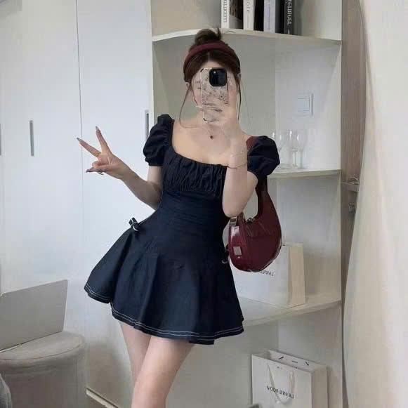 D813 (TÁO ĐỎ BIGSIZE 55-90KG) ĐẦM JEAN BIGSIZE CỔ VUÔNG TAY PHỒNG DÁNG NGẮN