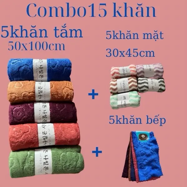 (Combo 10khăn, 15 khăn ) Mua 5 Khăn Tắm 50x100cm+ 5 Khăn Mặt 30x50cm+5 khăn Đa Năng: dày dặn, mềm mịn, thấm hút, không đổ lông, không phai màu Nhà Tắm , khăn gia đình ( giao màu ngẫu nhiên)