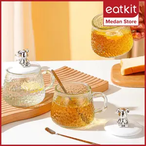 Eatkit Gelas Kaca Glass Mug Aesthetic 350ml, Kaca Simple Elegan, Water Bottle Cup for Coffee, TikTok Trending, Bear - Shaped Lid, Ideal for Hot & Cold Drinks