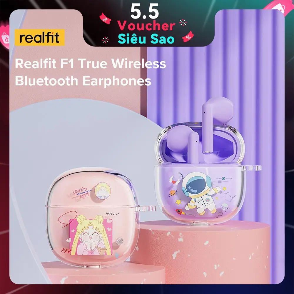 Tai Nghe Nhét Tai Nghe Bluetooth Realfit F1 TWS, Thiết Kế Hoạt Hình Dễ Thương, Đầy Màu Sắc, BT5.3, Tai Nghe Không Dây Mini, Có Mic