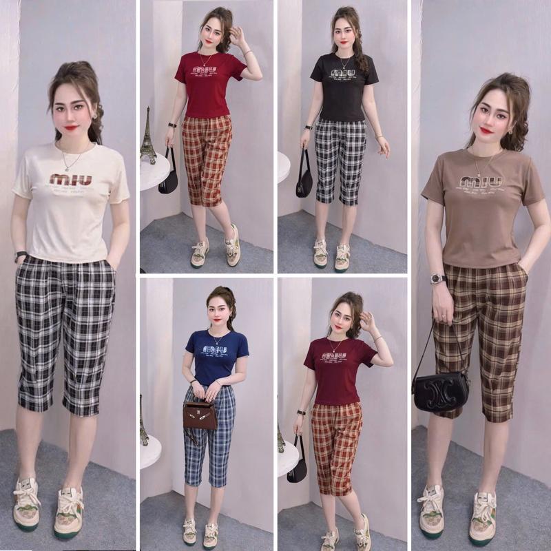 Bộ Áo Thêu Chữ MIU Quần Lửng mềm mát dành cho mùa hè Kiểu Hàn Quốc