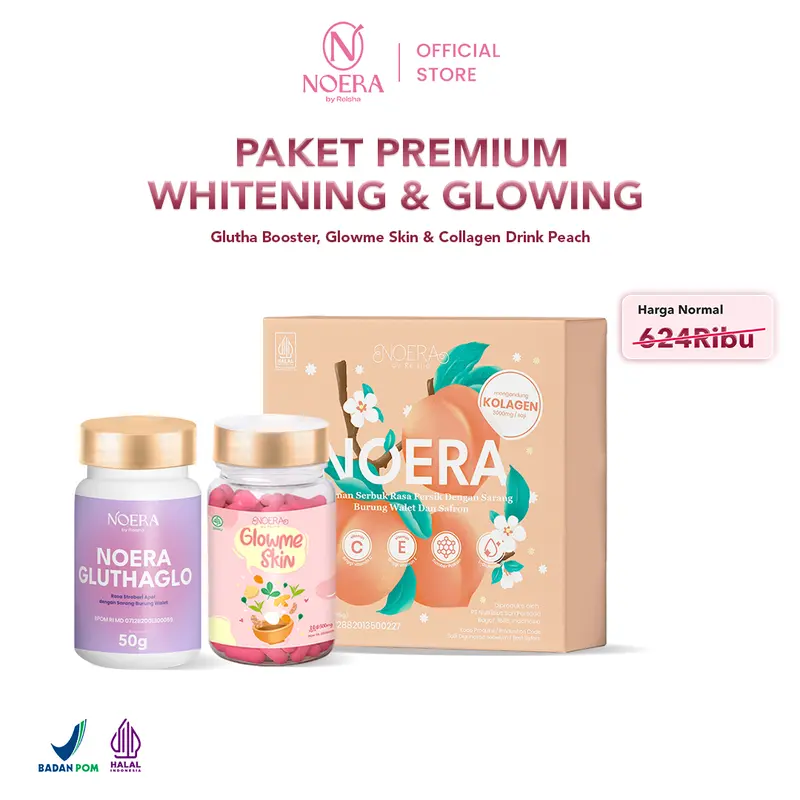 Noera Paket Premium Whitening Glowing l Noera Collagen Drink + Noera Glow Me Skin + Noera Glutha Booster Improved Formula 1