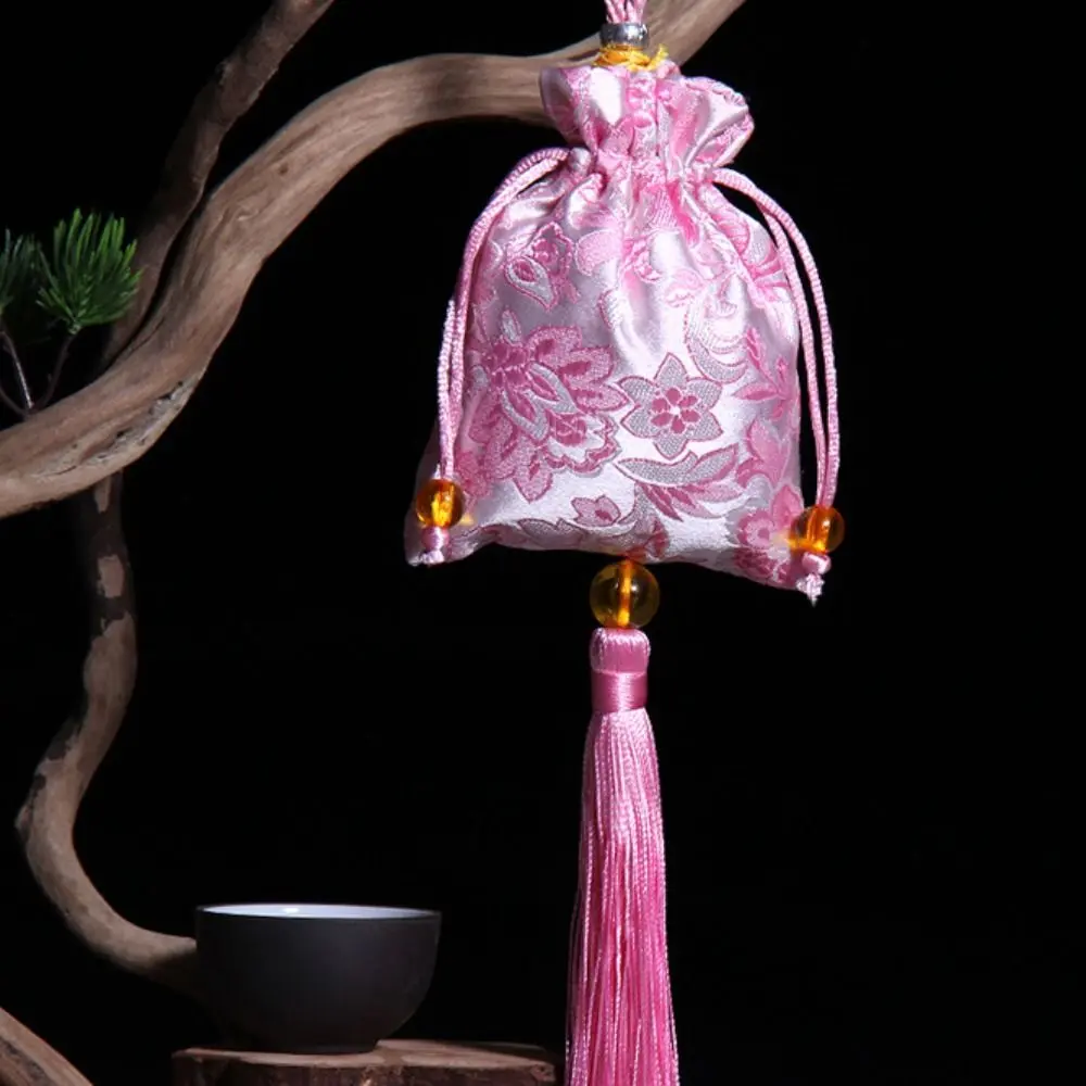 Elegant Embroidery Flower Tassel Drawstring Bag Beaded Mini Coin Purse Canvas Ethnic Flower Handbag Wrist Bag Floral Jewelry Packing Bag Hanfu Decoration