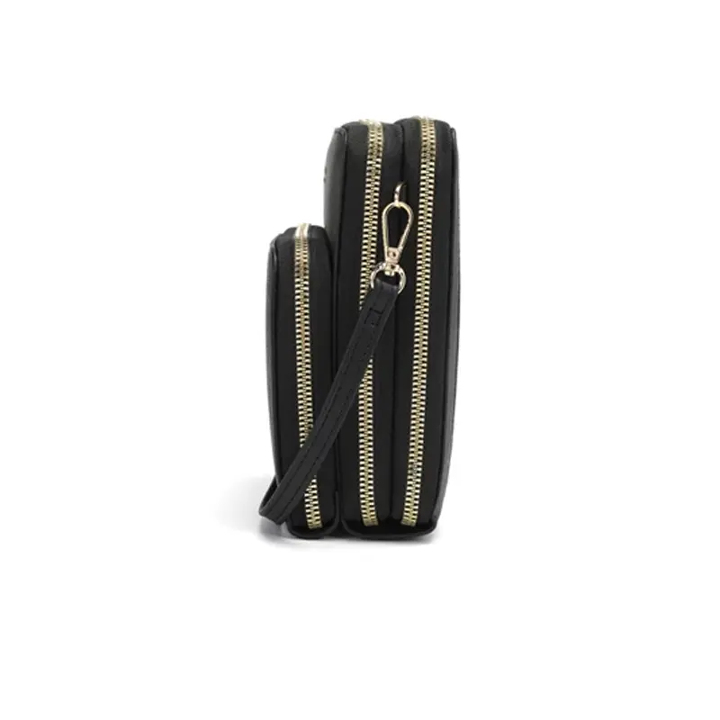 Forever Young - Tas Selempang Wanita Multifungsi Dengan 3 Resleting Untuk Hp, Makeup, Dan Dompet Bahan Kulit PU Hitam Pink 3